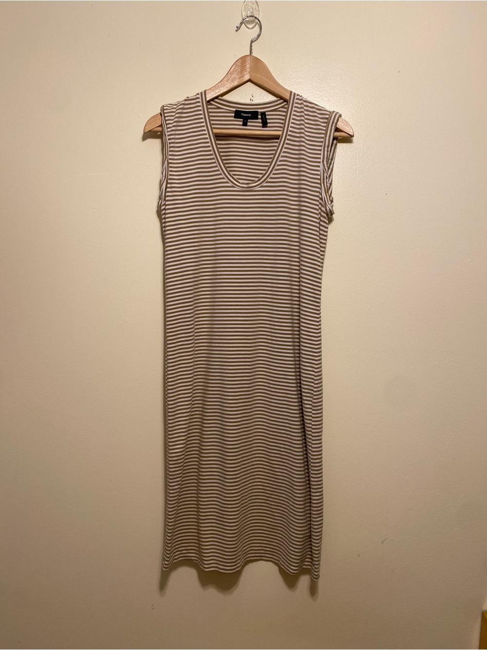 Theory Taupe and White Striped Sleeveless Midi Dress. Size P